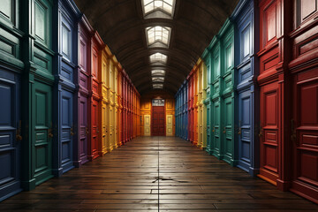 Fototapete - A series of interconnected doors, each leading to a different dream or realm, symbolizing the endless possibilities within dreams.  Generative AI technology.