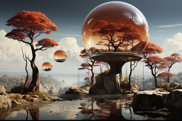 Leinwandbilder - A surreal landscape with floating objects, levitating trees, and distorted perspectives, suggesting the malleability of reality in dreams.  Generative AI technology.