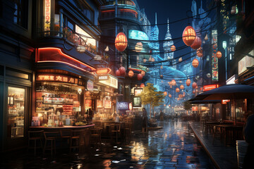 Fototapete - A series of city lights and urban scenes, representing the hustle and bustle of city life during the festive season. Generative AI technology.