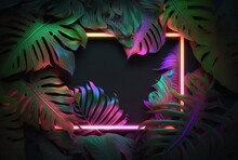 Colorful Tropical Leaves With Neon Frame On Dark Background. Generative AI.