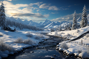 Poster - A winter landscape with snow-covered trees and a bright full moon, symbolizing new beginnings.  Generative AI technology.