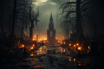 Fototapete - A foggy graveyard with tombstones and eerie mist enveloping the scene.  Generative AI technology.