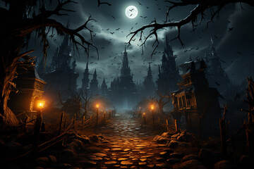Leinwandbilder - A haunted cemetery with bats flying overhead and a full moon illuminating the scene. Generative AI technology.