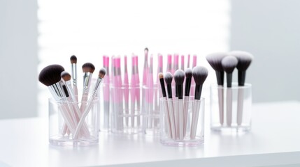 Sticker - Close up make-up brushes on the table with copy space. Beauty industry accessories.