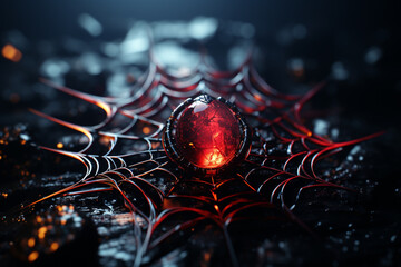Leinwandbilder - A spooky spiderweb with a large spider lurking in the corner. Generative AI technology.
