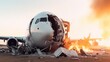 © vlntn - Illustration of airplane crash accident with destroyed burning plane. Outdoor background.
