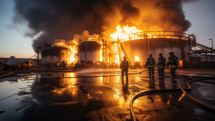 Wall Mural - firefighters practicing extinguishing an industrial fire at the fire station.