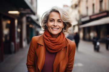 happy attractive mature woman in the city .