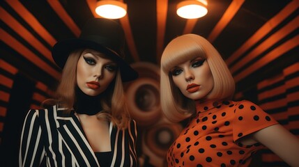 Wall Mural - two women in a nightclub. Retro 1970s photoshoot, bold patterns and bold poses, mafia culture and black dresses. Generative Ai