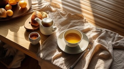 Wall Mural - Top view of english breakfast on wooden table, natural light. Generative AI