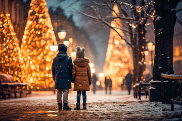 Two kids looking a Christmas trees on a snowy Christmas night