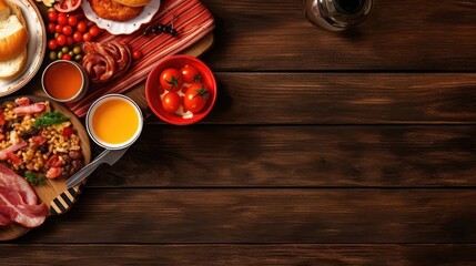 Wall Mural - Top view of english breakfast on wooden table with copy space. Generative AI