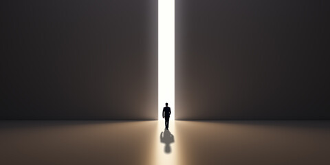 Wall Mural - back view of business man silhouette in abstract concrete interior with line opening in wall, shadow