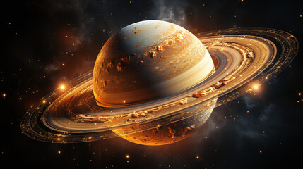 Imaginary Saturn planet in solar system. Saturn rings. Created with Generative AI.