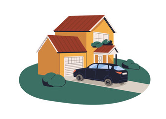 Wall Mural - Car parked at house. Outside of home building with closed garage and auto transport. Dwelling, automobile outdoors. Real estate, property. Flat vector illustration isolated on white background