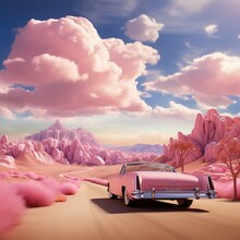A Fictional Pink World, A Pink Retro Convertible Rides Through The Desert, Among Gentle Fluffy Bushes And Sweet Mountains. In The Blue Sky, Gently Pink Clouds And Sunny Weather.
