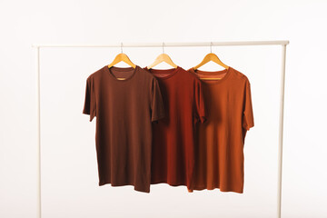 Three brown t shirts on hangers hanging from clothes rail and copy space on white background