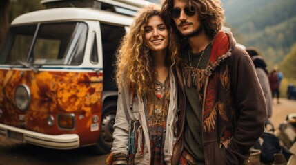 Canvas Print - happy hippy girl and man standing in front of vw bus. Generative Ai