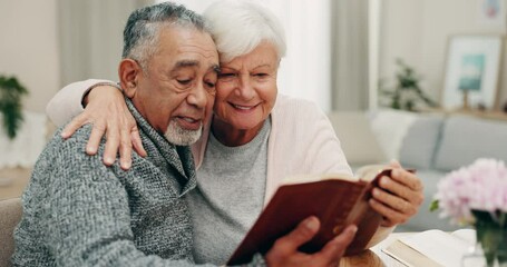 Poster - Bible, God and a senior couple reading a book in their home together for religion, faith or belief. Love, Jesus or Christ with a spiritual man and woman in worship or prayer during retirement