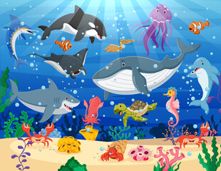 Wall Mural - Underwater world life cartoon. Tropical fish cartoon with beautiful underwater world. Vector illustration