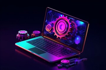 system update concept with laptop computer and gear machine with 3d style graphic, generative AI
