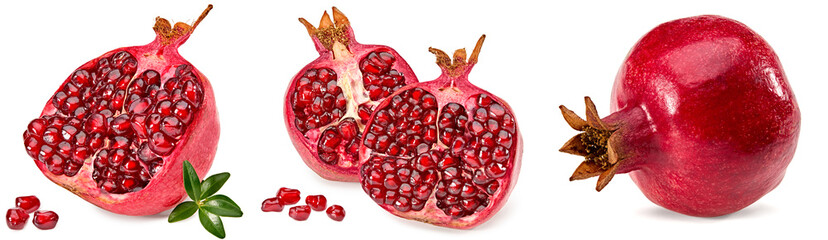 Canvas Print - pomegranate with seeds and green leaves isolated on a white background. clipping path