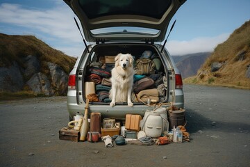 Wall Mural - Dog sitting in car with luggage for travel. Generative AI