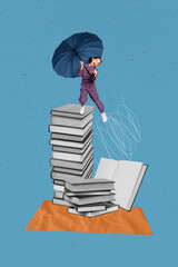 Poster - Composite collage illustration of little schoolgirl childhood enjoy bookstore library homework fly parasol isolated on blue background