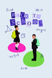 © deagreez - Vertical collage of two positive smart kids carry rucksack go back to school mathematical equation formula isolated on creative background