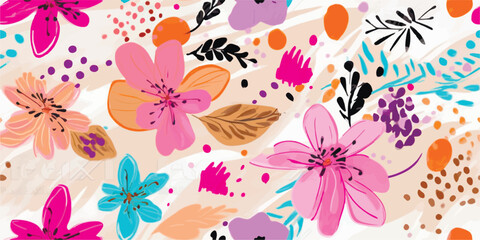 Trendy floral artistic illustration pattern. Creative collage with shapes. Seamless pattern. Fashionable template for design