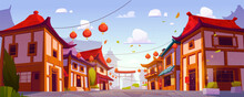 Chinese Building On City Street Cartoon Vector Background. China Town House With Red Lantern For New Year Festival Cityscape Illustration. Traditional Asian Architecture Decoration Design Panorama