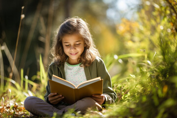 Girl kid reading a book lying down in the grass