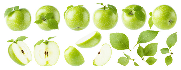  Juicy green apples and green leaves - rich set, whole, cut on half, slices with single green leaves, bunches, different sides isolated on white background. Summer fresh fruits as design elements.