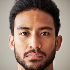 Wall Mural - face, portrait and serious asian man in studio with focus, wellness and awareness. headshot of a you