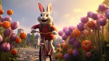 Bunny Ride The Bike With Basket Contain Flowers
