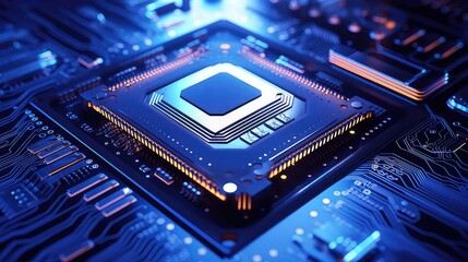cpu computer chip on motherboard blue light theme