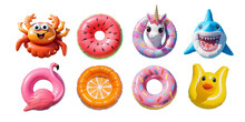Funny Air Mattresses Set. Multicolor Crab, Watermelon, Unicorn, Shark, Flamingo, Orange, Donut And Duck. Colorful Design Elements For Holiday Project. Isolated On White Background.