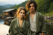 © Keitma - Man and woman in linen matching green pajamas with nature river background , in the style of rustic vintage inspired fashion