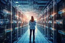 Successful Female From The Back Data Center IT Specialist Using Tablet Computer, Turning Augmented VFX Visualization On Server Farm Cloud Computing Facility - Generative AI