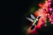 Amazilia Decora, Charming Hummingbird, Bird Feeding Sweet Nectar From Flower Pink Bloom.
