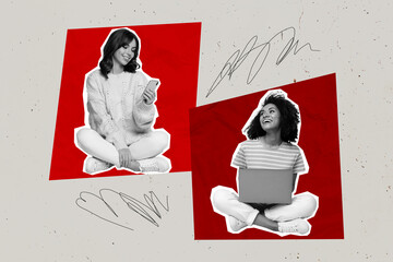 composite collage image of young funny girls friendship colleagues coworkers connection laptop devic