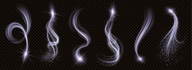 white magic spiral vortex line light glow effect. shiny wind curve flare with sparkle png on transpa