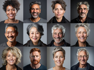 Collage of ethnically different happy people modern portraits, Success, smiling and happiness multicultural faces looking at camera, Human resource society database concept, globalization.