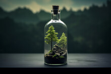 Nature In A Bottle With View Of A Forest Inside A Glass Jar On Simple Background