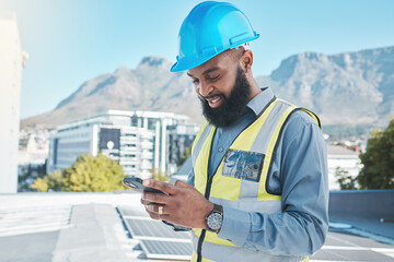 Canvas Print - Engineering man, solar panels and phone in energy saving, sustainability and project management or communication. Electrician or african person on mobile, eco friendly installation and city rooftop