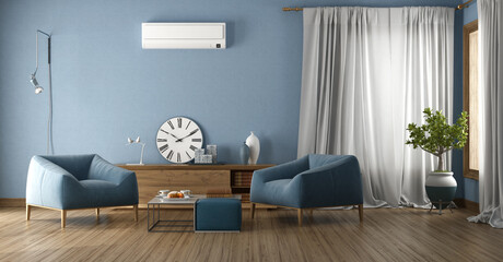 Wall Mural - Blue living room with armchairs and sideboard