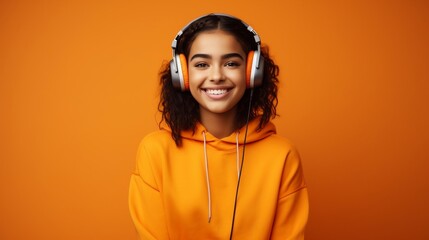 Wall Mural - Funny cheerful young Hispanic girl with headphones listening to music on an orange background. Generative ai.