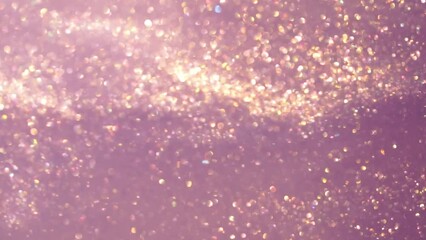 Wall Mural - sparkling dust particles and bokeh motion. golden glitter glowing dispersion in purple fluid. gold p