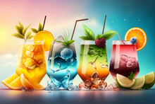 Bright Healthy Berries Cocktails On A Colorful Background. Concept Of Summer Vacations. Fresh Fruit Ice Cold Drinks For Hot Weather Refreshment. Generative AI