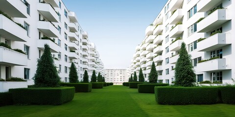 Modern white apartment with green grass landscape. Luxury condo design with background. Stylish and sky view